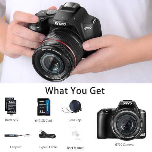 4K Digital Camera for Photography & Video, 12X Optical Zoom Camera with Flip Screen, 64MP WiFi Touch Screen Vlogging Camera with Flash, 64GB SD Card, 1700mAH Battery - Black - 6