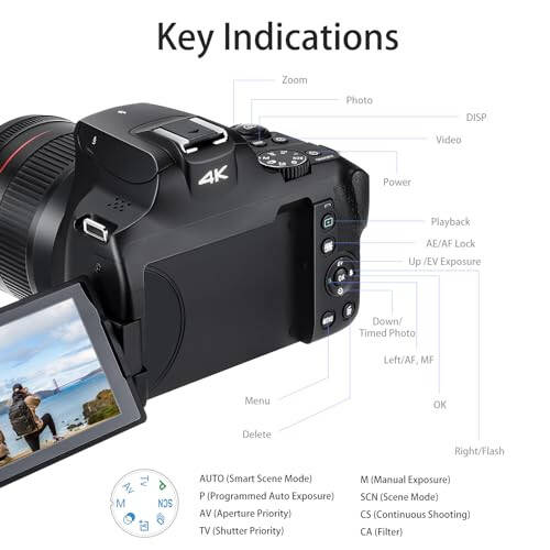 4K Digital Camera for Photography & Video, 12X Optical Zoom Camera with Flip Screen, 64MP WiFi Touch Screen Vlogging Camera with Flash, 64GB SD Card, 1700mAH Battery - Black - 7