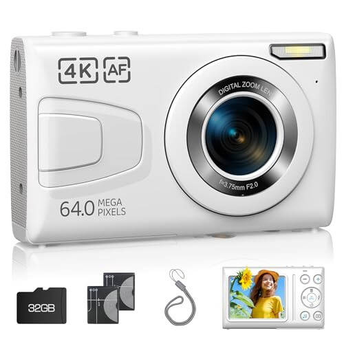 4K Digital Camera with 32GB Card 64MP Point and Shoot Video Cameras 18X Zoom 2 Batteries Portable Small Vlog Camera for Kid Student Children Teen Girl Boy White - 1