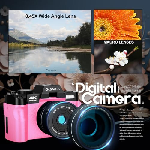 4K Digital Cameras for Photography, 48MP Vlogging Camera for YouTube with WiFi, 180° Flip Screen Compact Camera with Flash, 16X Digital Zoom Travel Camera with Wide-Angle & Macro Lens - 4