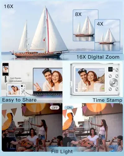 4K Digital Camera, 48MP Autofocus Kids Camera Selfie with Front and Rear Dual Lenses, 32GB Card, 2 Batteries, 16X Digital Zoom, Compact Travel Vlogging Video Camera for Kid Teen Beginner(Pure White) - 6