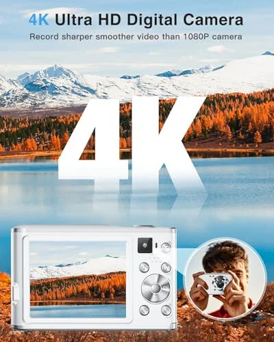 4K Digital Camera, 48MP Autofocus Kids Camera Selfie with Front and Rear Dual Lenses, 32GB Card, 2 Batteries, 16X Digital Zoom, Compact Travel Vlogging Video Camera for Kid Teen Beginner(Pure White) - Aasonida (1)