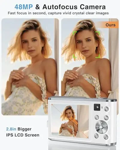 4K Digital Camera, 48MP Autofocus Kids Camera Selfie with Front and Rear Dual Lenses, 32GB Card, 2 Batteries, 16X Digital Zoom, Compact Travel Vlogging Video Camera for Kid Teen Beginner(Pure White) - 3