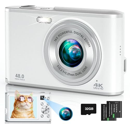4K Digital Camera, 48MP Autofocus Kids Camera Selfie with Front and Rear Dual Lenses, 32GB Card, 2 Batteries, 16X Digital Zoom, Compact Travel Vlogging Video Camera for Kid Teen Beginner(Pure White) 