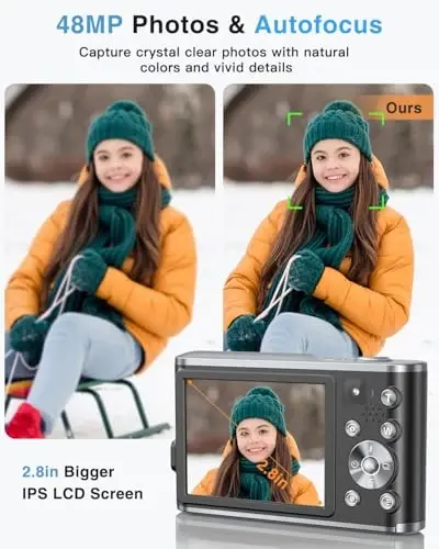 4K Digital Camera, 48MP Autofocus Camera Selfie with Front and Rear Dual Lenses, 32GB Card, 2 Batteries, 16X Digital Zoom, Compact Travel Vlogging Video Camera Gift for Kid Teen Beginner(Black) - 4