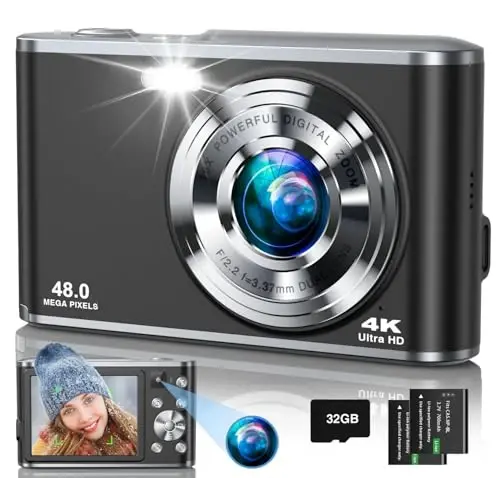 4K Digital Camera, 48MP Autofocus Camera Selfie with Front and Rear Dual Lenses, 32GB Card, 2 Batteries, 16X Digital Zoom, Compact Travel Vlogging Video Camera Gift for Kid Teen Beginner(Black) 