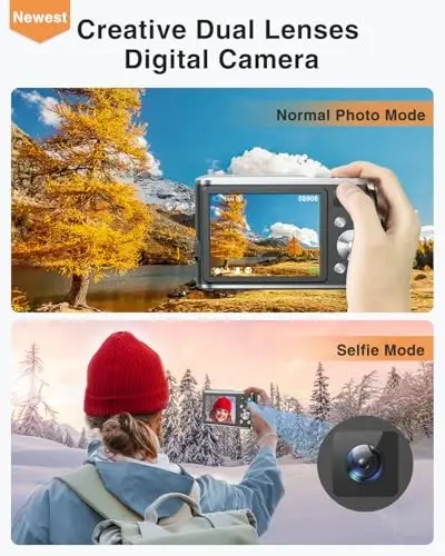 4K Digital Camera, 48MP Autofocus Camera Selfie with Front and Rear Dual Lenses, 32GB Card, 2 Batteries, 16X Digital Zoom, Compact Travel Vlogging Video Camera Gift for Kid Teen Beginner(Black) - 2