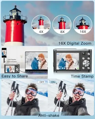 4K Digital Camera, 48MP Autofocus Camera Selfie with Front and Rear Dual Lenses, 32GB Card, 2 Batteries, 16X Digital Zoom, Compact Travel Vlogging Video Camera Gift for Kid Teen Beginner(Black) - 7