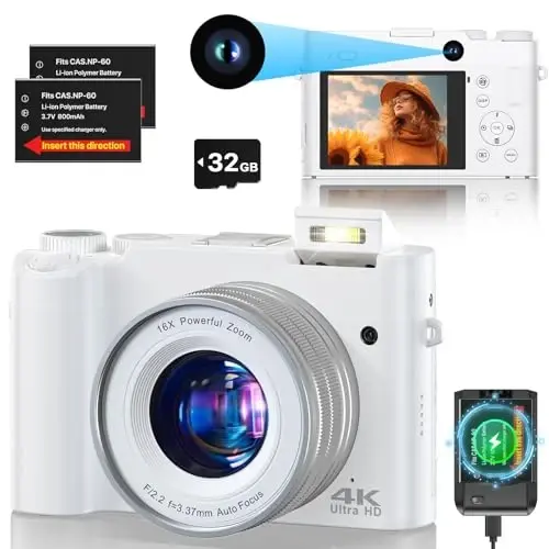 4K Dijital Kamera, Fotoğrafçılık İçin 64MP Çift Kamera Otomatik Odaklama Titreşim Önleyici, YouTube İçin Video Vlog Kamerası, 32GB SD Kartlı Kompakt Seyahat Kamerası, 16X Dijital Zoom, El Feneri, 2 Pil + Şarj Cihazı - 1