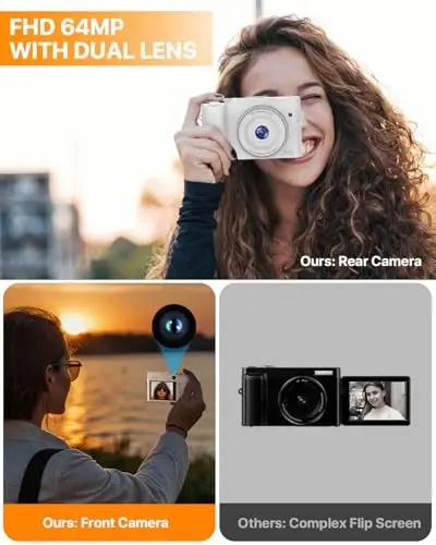 4K Dijital Kamera, Fotoğrafçılık İçin 64MP Çift Kamera Otomatik Odaklama Titreşim Önleyici, YouTube İçin Video Vlog Kamerası, 32GB SD Kartlı Kompakt Seyahat Kamerası, 16X Dijital Zoom, El Feneri, 2 Pil + Şarj Cihazı - 3