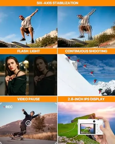 4K Dijital Kamera, Fotoğrafçılık İçin 64MP Çift Kamera Otomatik Odaklama Titreşim Önleyici, YouTube İçin Video Vlog Kamerası, 32GB SD Kartlı Kompakt Seyahat Kamerası, 16X Dijital Zoom, El Feneri, 2 Pil + Şarj Cihazı - 6
