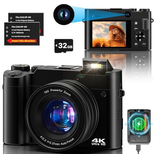 4K Dijital Kamera, Fotoğrafçılık İçin 64MP Çift Kamera Otomatik Odaklama Titreşim Önleyici, YouTube İçin Video Vlog Kamerası, 32GB SD Kartlı Kompakt Seyahat Kamerası, 16X Dijital Zoom, El Feneri, 2 Pil + Şarj Cihazı - 1