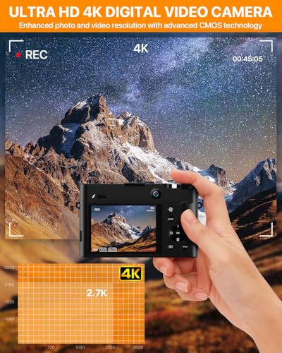 4K Dijital Kamera, Fotoğrafçılık İçin 64MP Çift Kamera Otomatik Odaklama Titreşim Önleyici, YouTube İçin Video Vlog Kamerası, 32GB SD Kartlı Kompakt Seyahat Kamerası, 16X Dijital Zoom, El Feneri, 2 Pil + Şarj Cihazı - 2