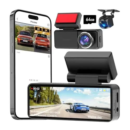 4K Dual Dash Cam Front and Rear, 4K+2K Dashcam with 5GHz WiFi & APP Control | Dash Camera for Cars with 64GB Card, 24H Parking Monitor, Night Vision, Loop Recording, G-Sensor, WDR, 3.2