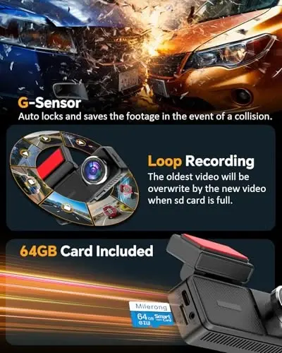 4K Dual Dash Cam Front and Rear, 4K+2K Dashcam with 5GHz WiFi & APP Control | Dash Camera for Cars with 64GB Card, 24H Parking Monitor, Night Vision, Loop Recording, G-Sensor, WDR, 3.2