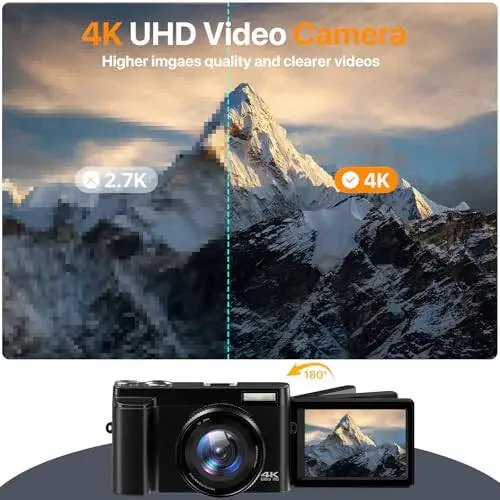 4K Digital Camera for Photography Auto-Focus Vlogging Camera for YouTube Video with 3'' 180° Flip Screen 16X Anti-Shake 4K Camera Compact Cameras with SD Card, Flash, 2 Batteries - 2