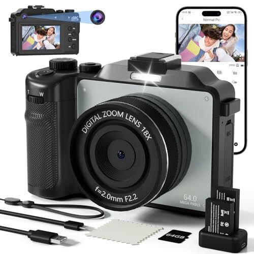4K Fotosurat uchun raqamli kamera, Youtube uchun 64MP WiFi Autofokus Vlogging kamerasi, chaqnashi, Selfie linzalari, 64GB karta, 18X Zum, 2 batareya+zaryadlovchi (qora) bilan 4K video ixcham sayohat nuqtali suratga olish kameralari - 6