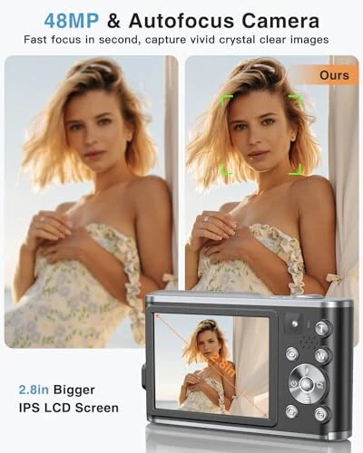 4K Raqamli Kamera, 48MP Avtofokus Bolalar Kamerasi Selfi Oldingi va Orqa Ikkita Linzali, 32GB Karta, 2 Batareya, 16X Raqamli Zum, Bolalar Teen Boshlang'ich Uchun Kompakt Sayohat Vlog Video Kamerasi Sovg'a (Qora) - 4