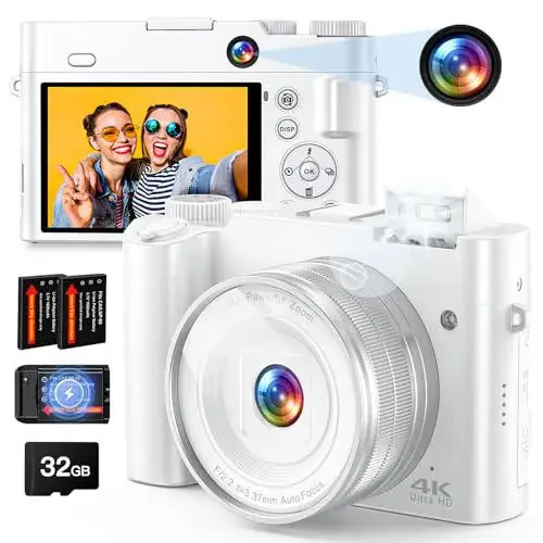 4K Raqamli Kamera, Fotosurat va Video Uchun 64MP Old va Orqa Kamera, Avtofokus Anti-Tebranish, 3'' Selfie Vlogging Kamerasi Ultra Yorqin Chaqnoq bilan, Dial 16X Zumli Kamera (Oq) - 1