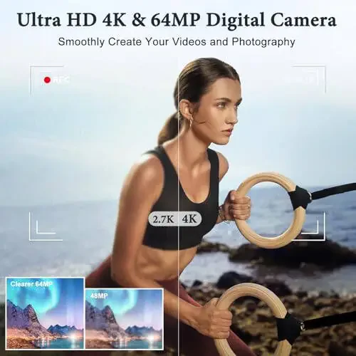 4K Raqamli Kamera, Fotosurat va Video Uchun 64MP Old va Orqa Kamera, Avtofokus Anti-Tebranish, 3'' Selfie Vlogging Kamerasi Ultra Yorqin Chaqnoq bilan, Dial 16X Zumli Kamera (Oq) - 2