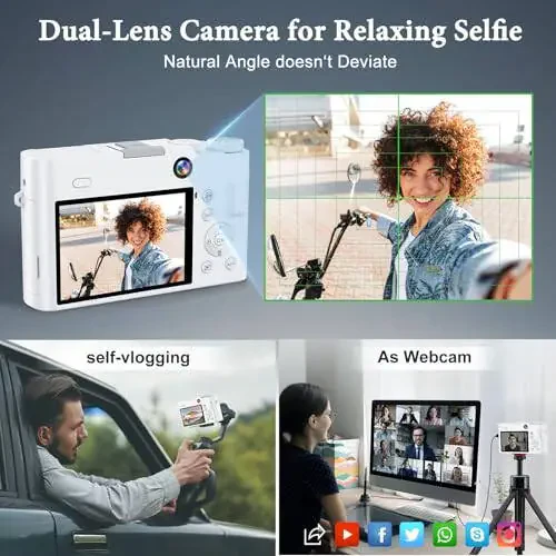 4K Raqamli Kamera, Fotosurat va Video Uchun 64MP Old va Orqa Kamera, Avtofokus Anti-Tebranish, 3'' Selfie Vlogging Kamerasi Ultra Yorqin Chaqnoq bilan, Dial 16X Zumli Kamera (Oq) - 3