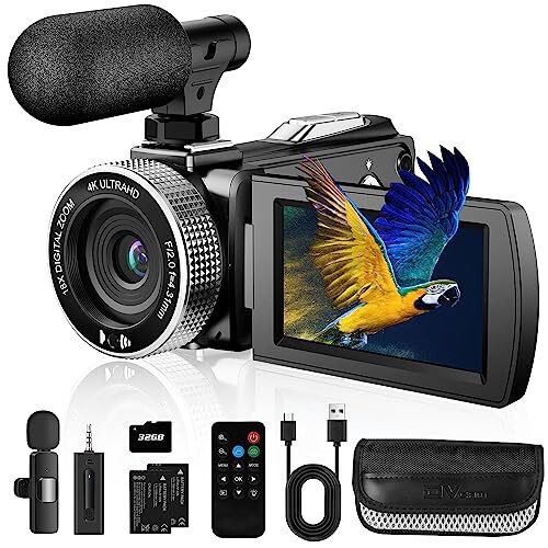 4K Video Kamera Kameralı 60FPS, 48MP UHD Vlogging Kamerası YouTube İçin, Dijital Kamera Kaydedici, Kablosuz Klips Mikrofonlu 4K Kameralı, Uzaktan Kumanda, 2 Pil - 1