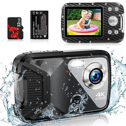 4K Waterproof Digital Camera with 32GB Card Underwater Digital Camera for Kids Point and Shoot Camera Portable Camera for Teens Students Boys Girls - 1