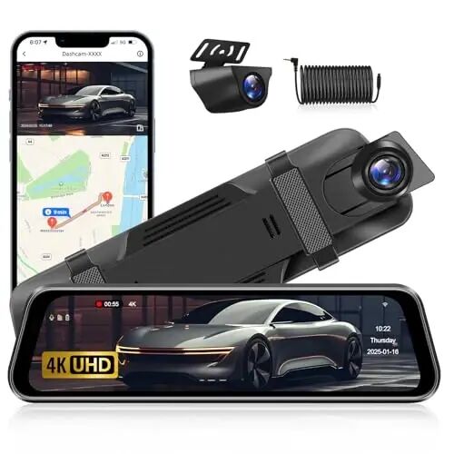 4K WiFi Rear View Mirror Camera 10’’ Mirror Dash Cam Front and Rear | Dash Cam Mirror Wifi App Loop Recording G sensor Waterproof Reversing Camera - Jansite