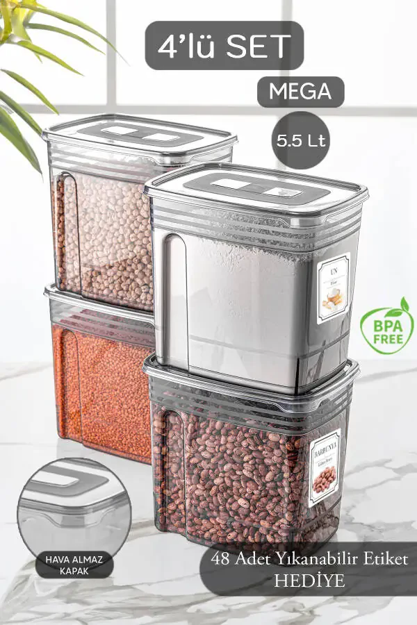 4'lü 5,5 Litre Jumbo Boy Lena Un Kabı - Kapaklı Erzak Bakliyat Saklama Kabı - Malzeme Saklama Kutusu-Antrasit - 1