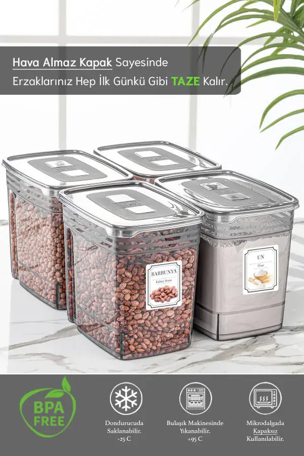 4'lü 5,5 Litre Jumbo Boy Lena Un Kabı - Kapaklı Erzak Bakliyat Saklama Kabı - Malzeme Saklama Kutusu-Antrasit - 2