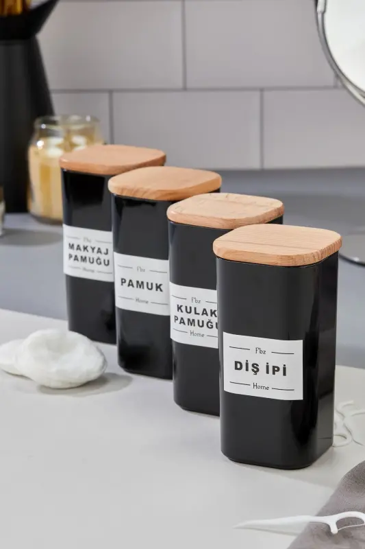 4'lü Ahşap Kapaklı Mika Diş Ipi & Kulak Pamuğu & Pamuk & Makyaj Pamuğu Banyo Seti 300 ml - SİYAH - 3