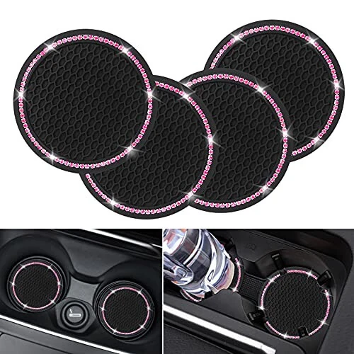 4 Pack Car Coasters, Universal Vehicle Bling Car Coaster, Cute Rhinestone Coaster for Cup Holders,Interior Accessories 2.75'' Silicone Anti Slip Car Coasters for Women (Pink Crystal Circle) 
