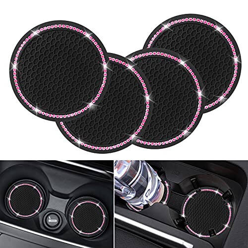 4 Pack Car Coasters, Universal Vehicle Bling Car Coaster, Cute Rhinestone Coaster for Cup Holders,Interior Accessories 2.75'' Silicone Anti Slip Car Coasters for Women (Pink Crystal Circle) - 1