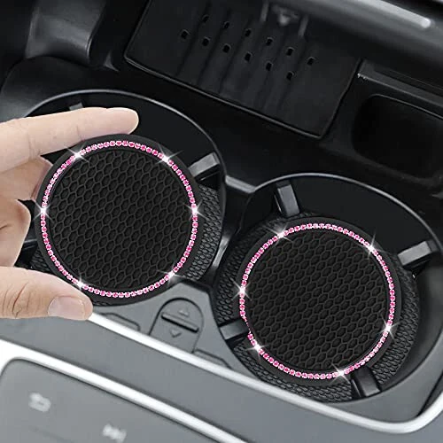 4 Pack Car Coasters, Universal Vehicle Bling Car Coaster, Cute Rhinestone Coaster for Cup Holders,Interior Accessories 2.75'' Silicone Anti Slip Car Coasters for Women (Pink Crystal Circle) - COCASES (1)
