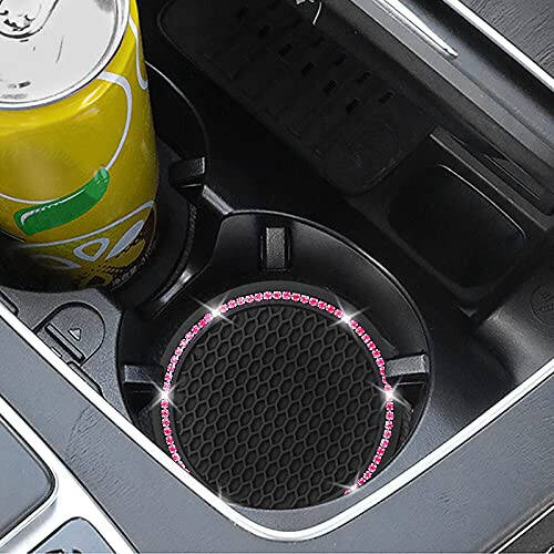 4 Pack Car Coasters, Universal Vehicle Bling Car Coaster, Cute Rhinestone Coaster for Cup Holders,Interior Accessories 2.75'' Silicone Anti Slip Car Coasters for Women (Pink Crystal Circle) - 3