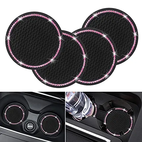 4 Pack Car Coasters, Universal Vehicle Bling Car Coaster, Cute Rhinestone Coaster for Cup Holders,Interior Accessories 2.75'' Silicone Anti Slip Car Coasters for Women (Pink Crystal Circle) 