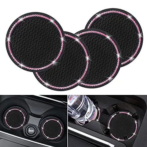4 Pack Car Coasters, Universal Vehicle Bling Car Coaster, Cute Rhinestone Coaster for Cup Holders,Interior Accessories 2.75'' Silicone Anti Slip Car Coasters for Women (Pink Crystal Circle) - 1