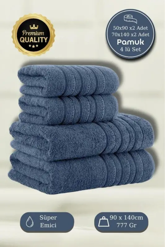 4 Lü Banyo Havlusu Seti Dora Indigo - 70X140cm x2 / 50x90cm x2-İNDİGO - 1