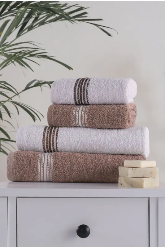 Banyo El Havlusu Seti 4 Lü Kahverengi - Beyaz Elvin – Yumuşak Doku (70X140X2 /50X90CMX2) - KAHVE - 5