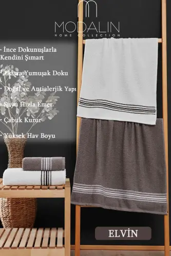 Banyo El Havlusu Seti 4 Lü Kahverengi - Beyaz Elvin – Yumuşak Doku (70X140X2 /50X90CMX2) - KAHVE - 7