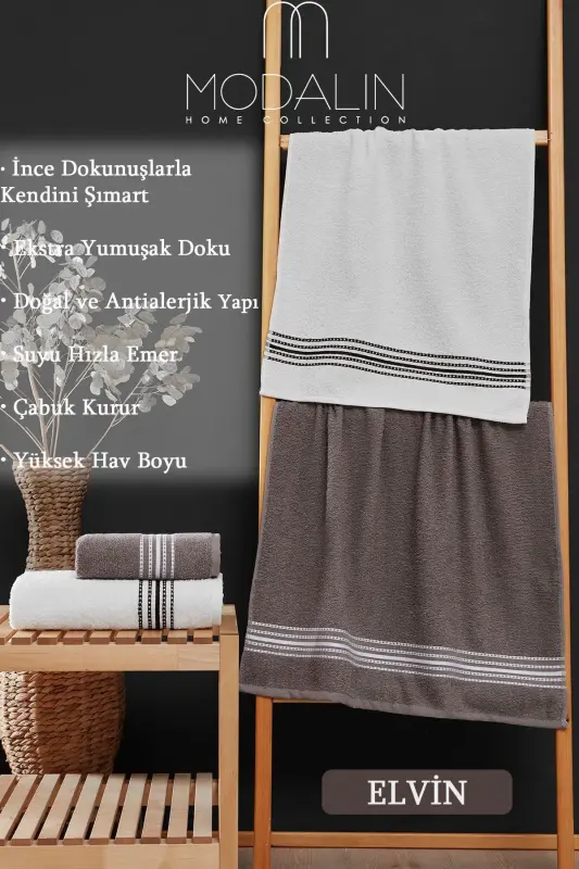 Banyo El Havlusu Seti 4 Lü Kahverengi - Beyaz Elvin – Yumuşak Doku (70X140X2 /50X90CMX2) - KAHVE - 7