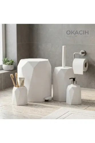 4'lü Banyo Seti Çöp Kovası Tuvalet Fırçası Sabunluk Diş Fırçalık 4 Parça - Beyaz 