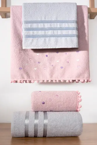 4'lü Banyo ve Saç Havlusu Seti - Hamam Takımı | Yumuşak, Hızlı Kuruyan ve Dayanıklı - Pudra - 2