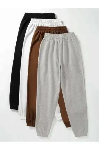 4'lü Basic Düz Eşofman Altı Jogger Ince - Siyah Beyaz Kahverengi Gri Lastik Paça Yüksek Bel-Siyah Haki Kahverengi Gri - 1