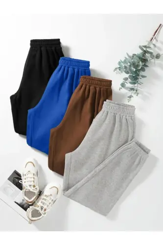 4'lü Basic Düz Eşofman Altı Jogger - Siyah Sax Mavi Kahverengi Gri Lastik Paça Yüksek Bel - SBLİGRİ - 2