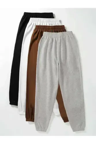4'lü Basic Düz Ince Eşofman Altı Jogger - Siyah Beyaz Kahverengi Gri Lastik Paça Yüksek Bel-SBKG - DUBU BUTİK (1)