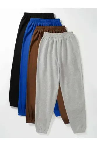 4'lü Basic Plain Sweatpants Jogger - Black Sax Blue Brown Gray Elastic Hem High Waist-SBLIGRI - 1