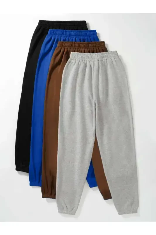 4'lü Basic Plain Sweatpants Jogger - Black Sax Blue Brown Gray Elastic Hem High Waist-SBLIGRI - 1