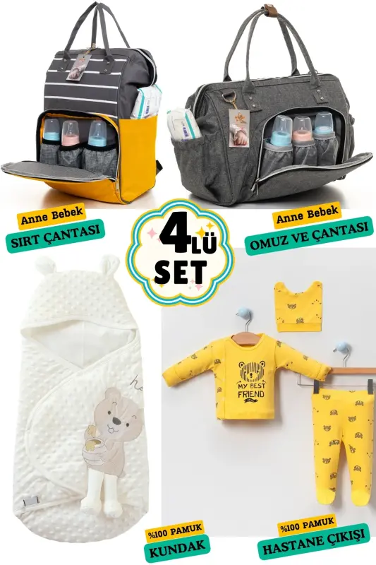 4’lü Büyük Doğum Seti (HASTANE ÇIKIŞI, BEBEK BAKIM SIRT VE OMUZ ÇANTASI, KUNDAK)-BEJ - 1