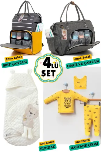 4’lü Büyük Doğum Seti (HASTANE ÇIKIŞI, BEBEK BAKIM SIRT VE OMUZ ÇANTASI, KUNDAK) - BEJ-PEMBE-FÜME 